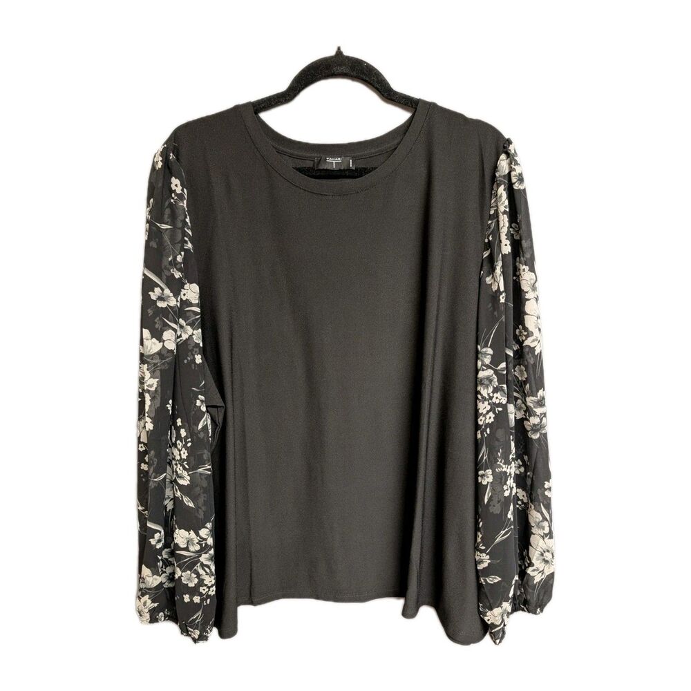 Tahari Top Women's 2X Boho Pullover Blouse Black Floral Balloon Sleeve Romantic